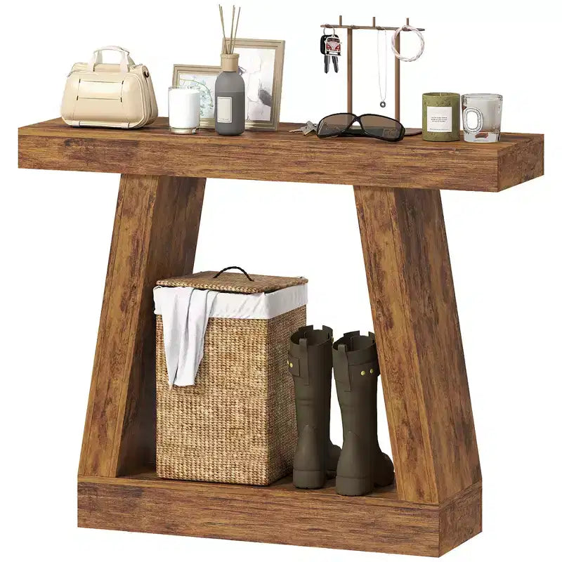 HOMCOM Console de Ferme, Table d'Entrée à 2 Niveaux avec Rangement et Plateau Épaissi pour Couloir, Salon, Derrière un Canapé, Marron Foncé