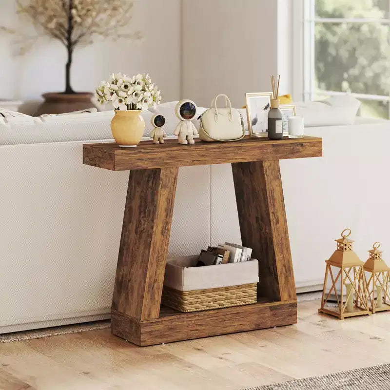 HOMCOM Console de Ferme, Table d'Entrée à 2 Niveaux avec Rangement et Plateau Épaissi pour Couloir, Salon, Derrière un Canapé, Marron Foncé