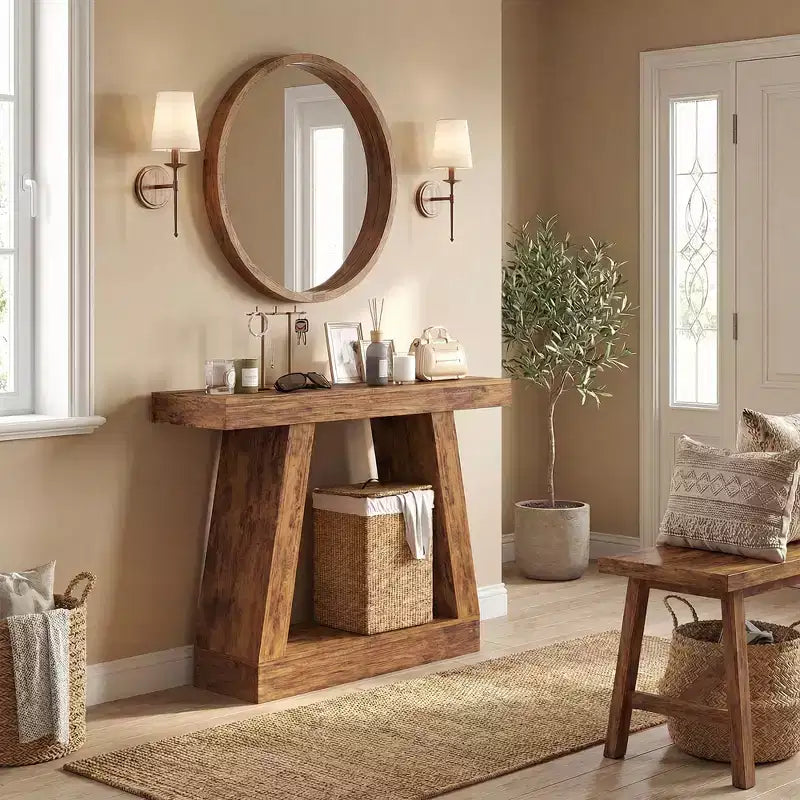 HOMCOM Console de Ferme, Table d'Entrée à 2 Niveaux avec Rangement et Plateau Épaissi pour Couloir, Salon, Derrière un Canapé, Marron Foncé