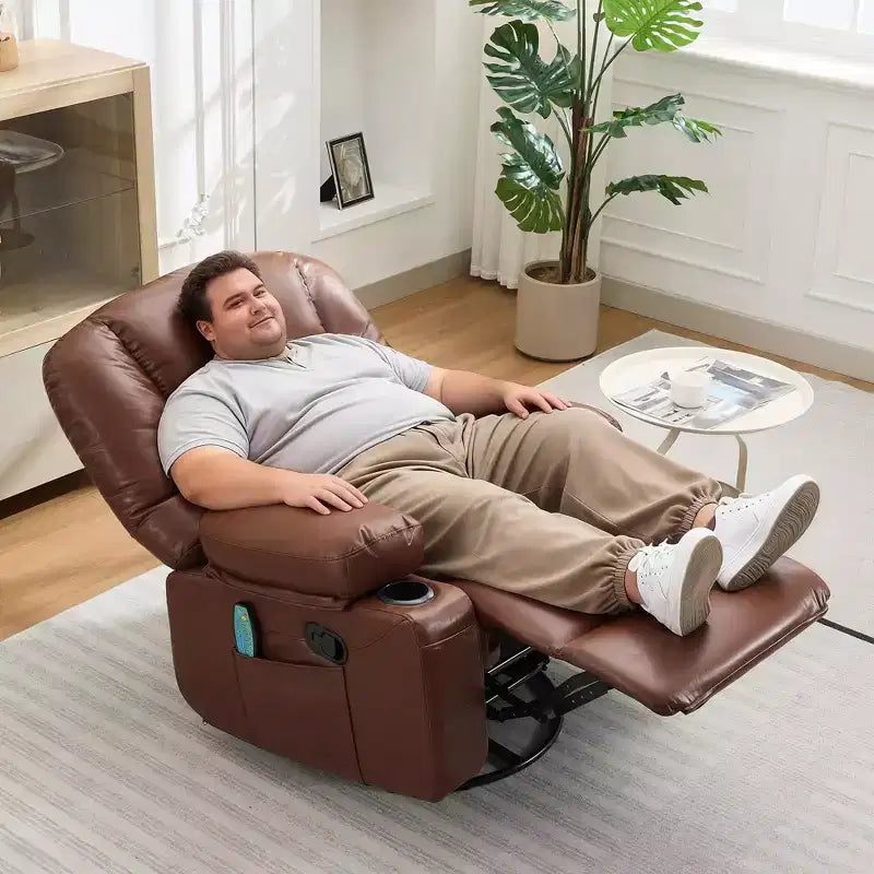 Fauteuil inclinable 360 pivotant, massant et chauffant, en cuir PU surdimensionné avec poches latérales et porte-gobelets pour salon et chambre de bébé