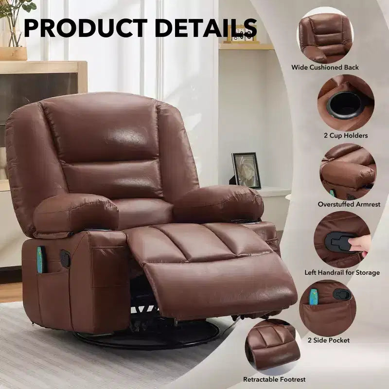 Fauteuil inclinable 360 pivotant, massant et chauffant, en cuir PU surdimensionné avec poches latérales et porte-gobelets pour salon et chambre de bébé
