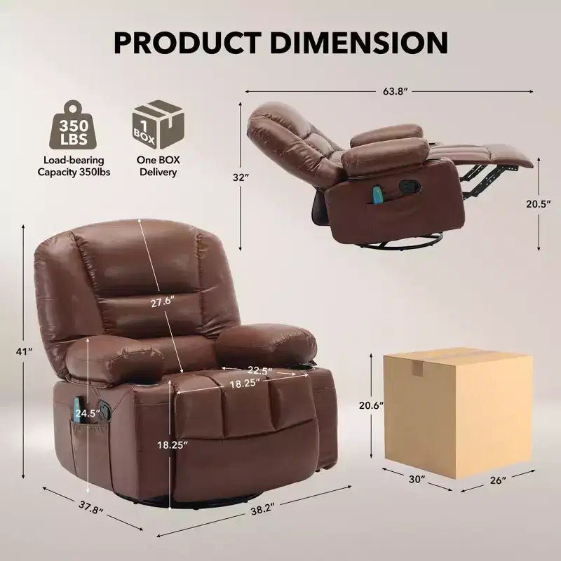 Fauteuil inclinable 360 pivotant, massant et chauffant, en cuir PU surdimensionné avec poches latérales et porte-gobelets pour salon et chambre de bébé
