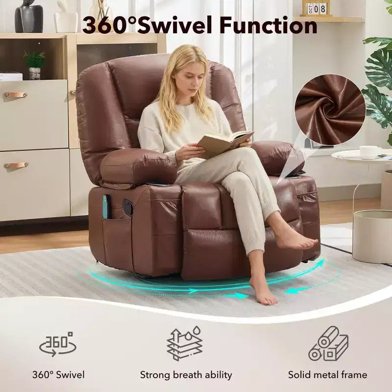 Fauteuil inclinable 360 pivotant, massant et chauffant, en cuir PU surdimensionné avec poches latérales et porte-gobelets pour salon et chambre de bébé