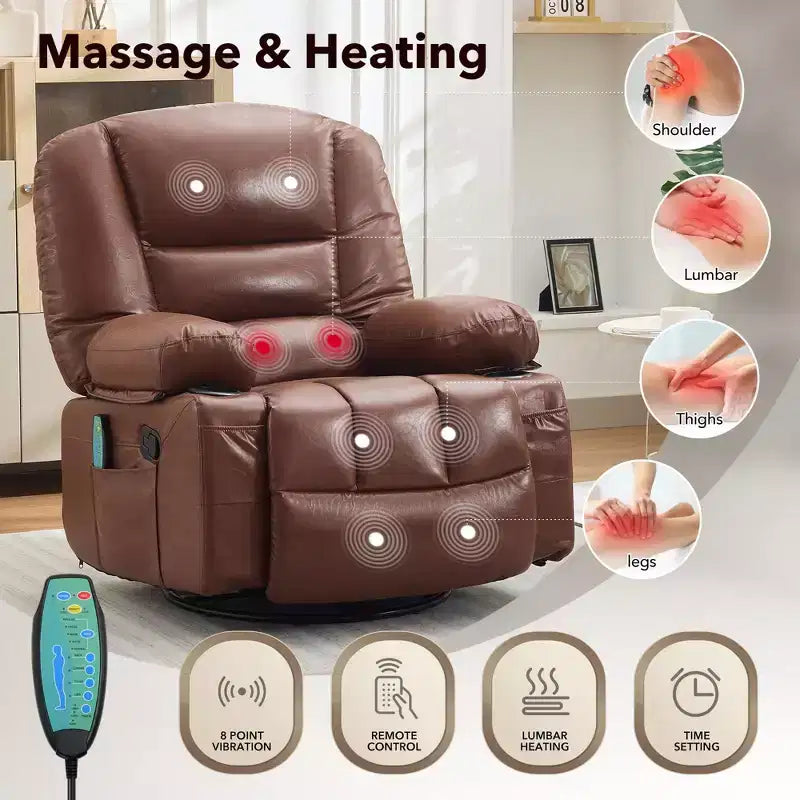 Fauteuil inclinable 360 pivotant, massant et chauffant, en cuir PU surdimensionné avec poches latérales et porte-gobelets pour salon et chambre de bébé