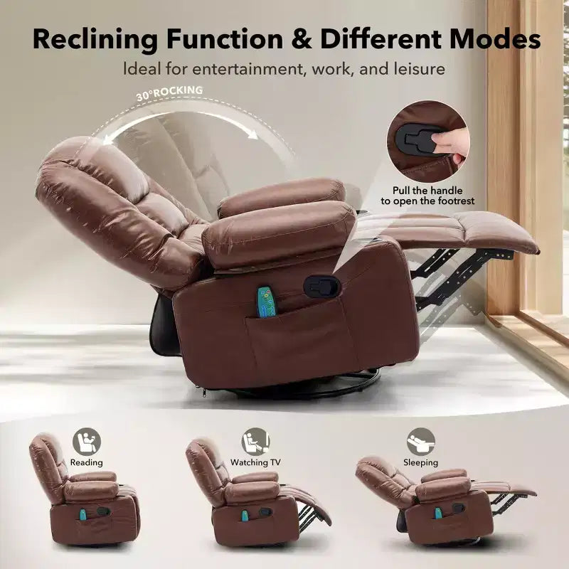 Fauteuil inclinable 360 pivotant, massant et chauffant, en cuir PU surdimensionné avec poches latérales et porte-gobelets pour salon et chambre de bébé