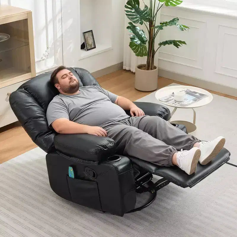 Fauteuil inclinable 360 pivotant, massant et chauffant, en cuir PU surdimensionné avec poches latérales et porte-gobelets pour salon et chambre de bébé