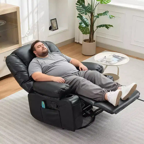 Fauteuil inclinable 360 pivotant, massant et chauffant, en cuir PU surdimensionné avec poches latérales et porte-gobelets pour salon et chambre de bébé