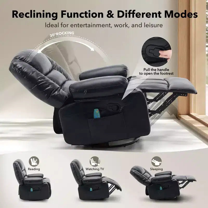 Fauteuil inclinable 360 pivotant, massant et chauffant, en cuir PU surdimensionné avec poches latérales et porte-gobelets pour salon et chambre de bébé