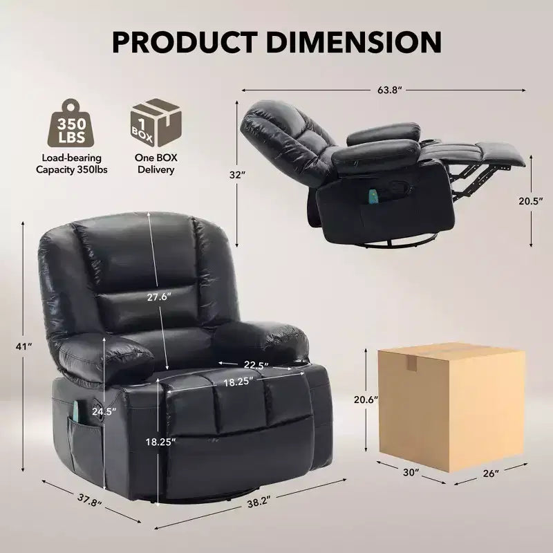 Fauteuil inclinable 360 pivotant, massant et chauffant, en cuir PU surdimensionné avec poches latérales et porte-gobelets pour salon et chambre de bébé