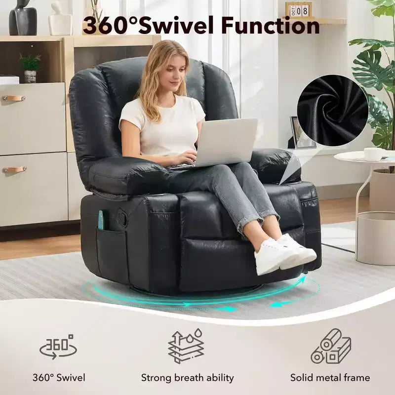 Fauteuil inclinable 360 pivotant, massant et chauffant, en cuir PU surdimensionné avec poches latérales et porte-gobelets pour salon et chambre de bébé