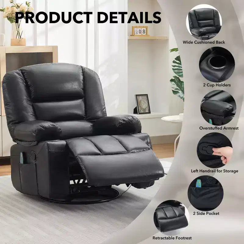 Fauteuil inclinable 360 pivotant, massant et chauffant, en cuir PU surdimensionné avec poches latérales et porte-gobelets pour salon et chambre de bébé