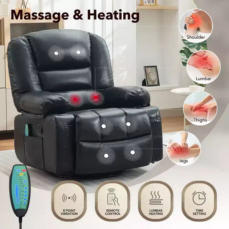 Fauteuil inclinable 360 pivotant, massant et chauffant, en cuir PU surdimensionné avec poches latérales et porte-gobelets pour salon et chambre de bébé
