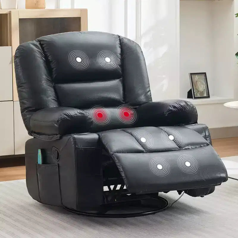 360 Swivel Rocker Recliner Chair with Massage and Heat, Oversized PU Leather Recliner with Side Pockets and Cup Holders for Living Room, Nursery