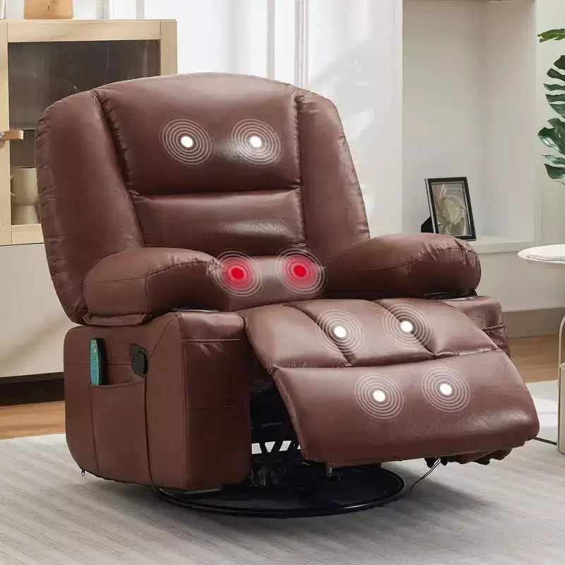 Fauteuil inclinable 360 pivotant, massant et chauffant, en cuir PU surdimensionné avec poches latérales et porte-gobelets pour salon et chambre de bébé