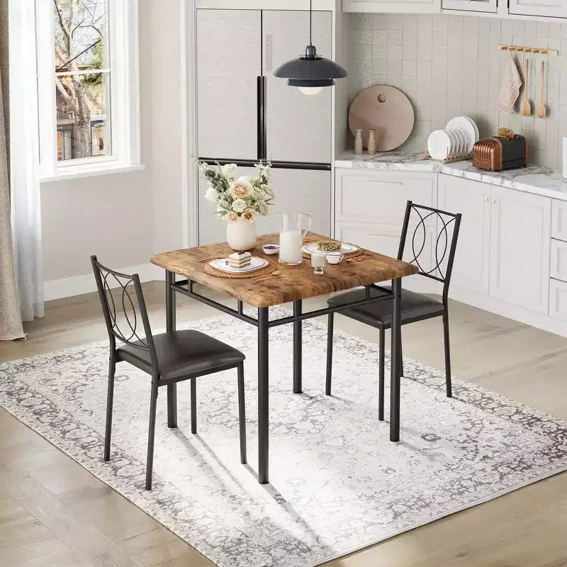 Farmhouse Dining Table Set for 2 - Dining Table with Upholstered Chairs, Wood Kitchen Table Set, Space-Saving Apartment