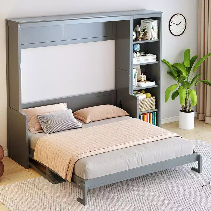 FAMYYT Queen Size Murphy Bed with Desk and Bookshelf, Easy Assembly