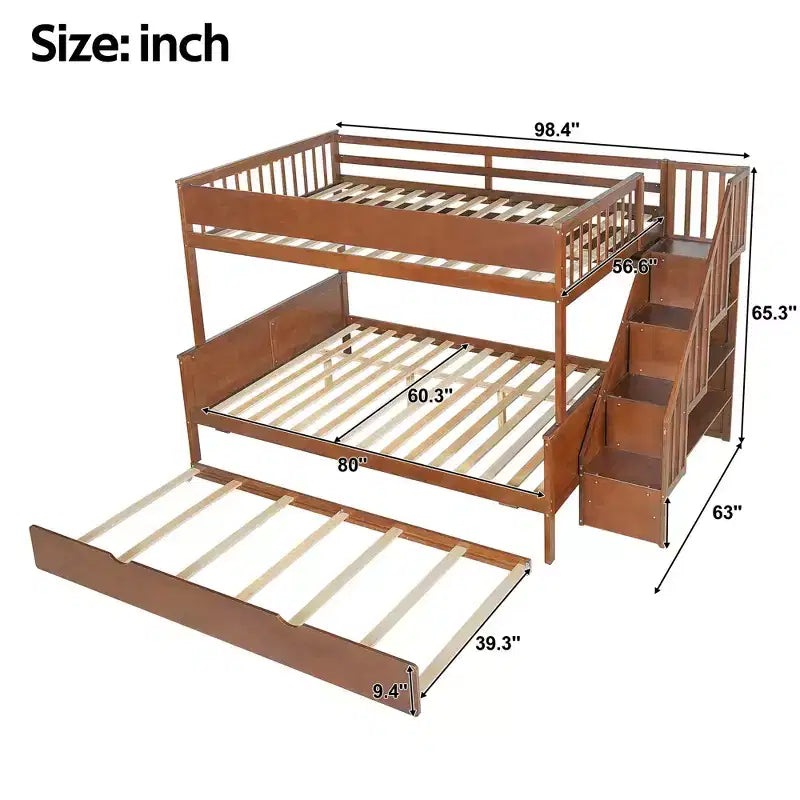 Lit superposé Full XL au-dessus d'un lit Queen avec tiroir-lit, étagères de rangement, escalier et lumière