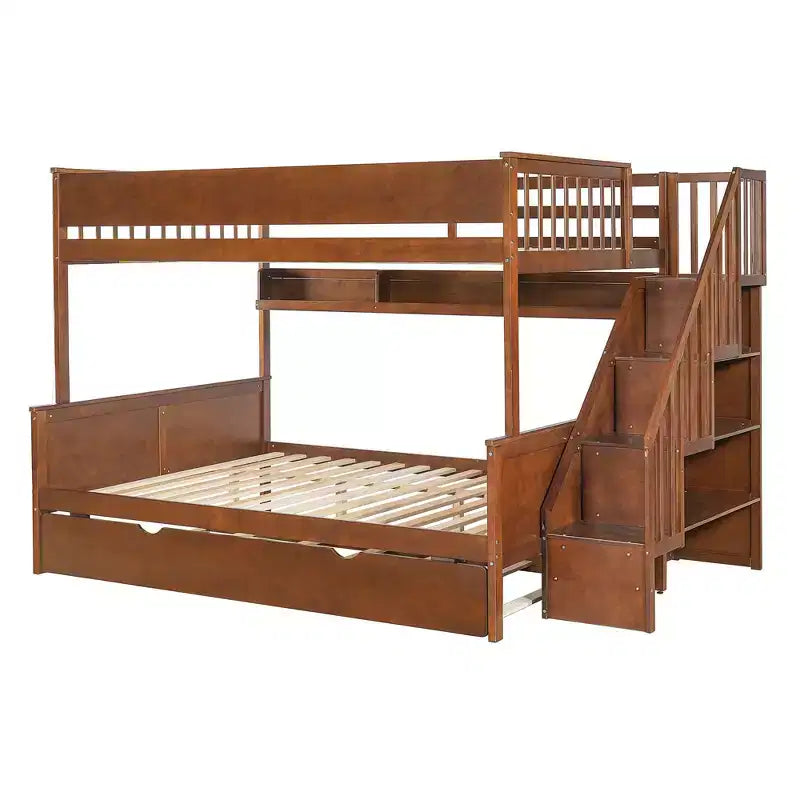 Lit superposé Full XL au-dessus d'un lit Queen avec tiroir-lit, étagères de rangement, escalier et lumière