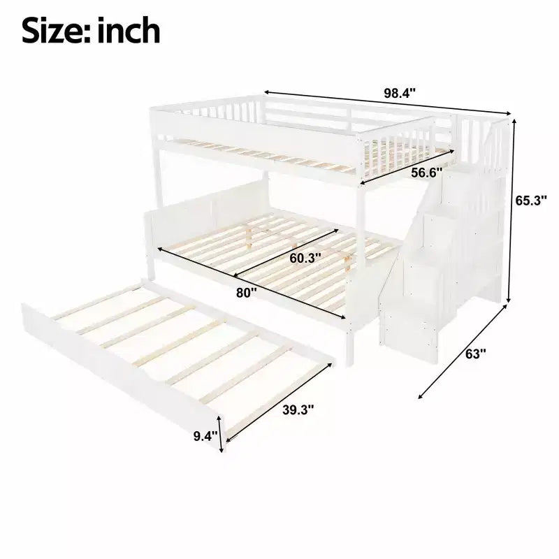 Lit superposé Full XL au-dessus d'un lit Queen avec tiroir-lit, étagères de rangement, escalier et lumière