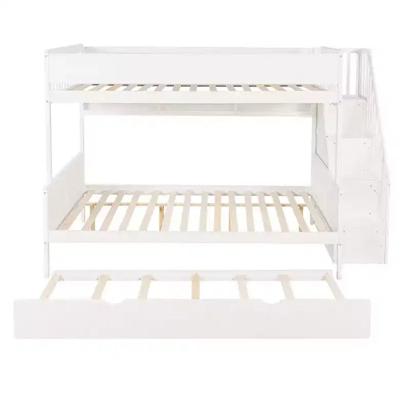 Lit superposé Full XL au-dessus d'un lit Queen avec tiroir-lit, étagères de rangement, escalier et lumière