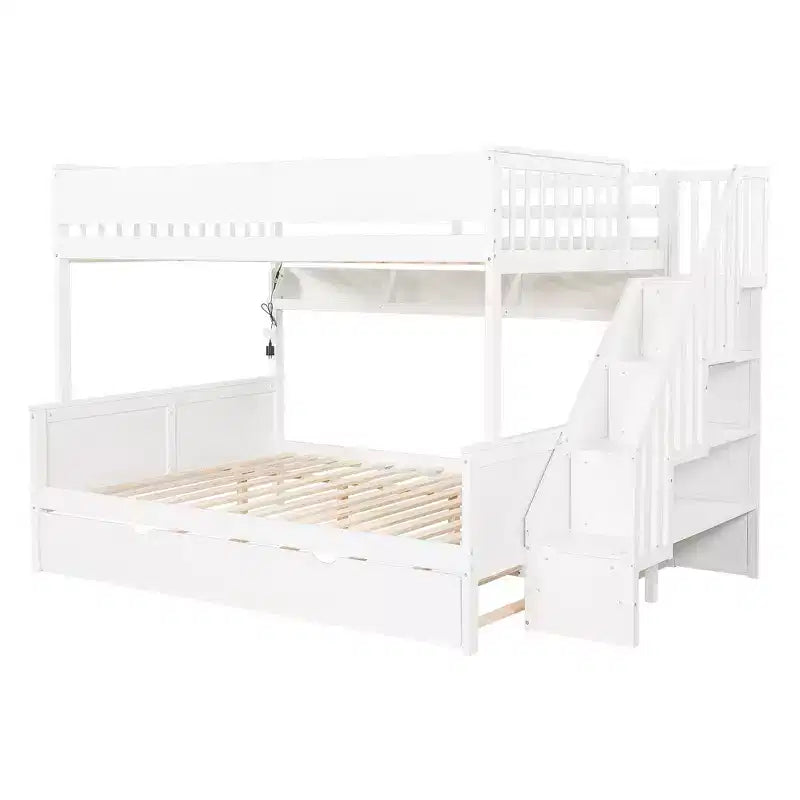 Lit superposé Full XL au-dessus d'un lit Queen avec tiroir-lit, étagères de rangement, escalier et lumière