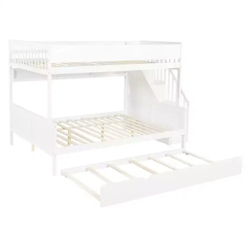 Lit superposé Full XL au-dessus d'un lit Queen avec tiroir-lit, étagères de rangement, escalier et lumière