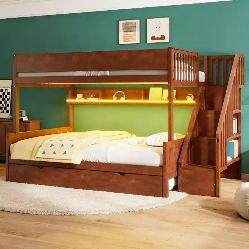 Luxystar Full XL over Queen Bunk Bed with Trundle, Storage Shelves, Staircase and Light