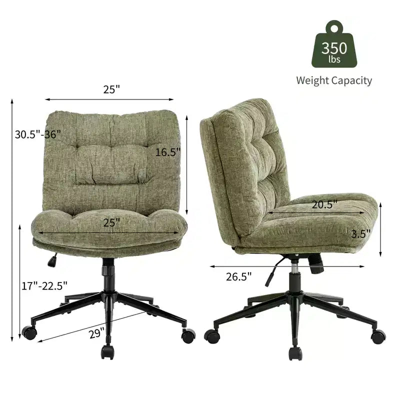 Chaise en chenille à pieds croisés avec roulettes, chaise de vanité pivotante à 360° et réglable en hauteur avec double coussin, large siège ergonomique pour chambre à coucher, salon