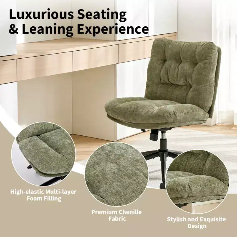 Chaise en chenille à pieds croisés avec roulettes, chaise de vanité pivotante à 360° et réglable en hauteur avec double coussin, large siège ergonomique pour chambre à coucher, salon