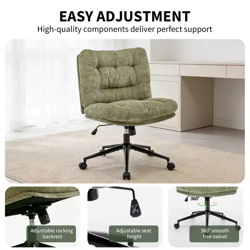 Chaise en chenille à pieds croisés avec roulettes, chaise de vanité pivotante à 360° et réglable en hauteur avec double coussin, large siège ergonomique pour chambre à coucher, salon