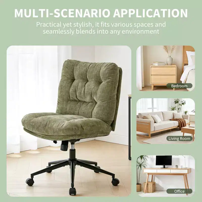 Chaise en chenille à pieds croisés avec roulettes, chaise de vanité pivotante à 360° et réglable en hauteur avec double coussin, large siège ergonomique pour chambre à coucher, salon