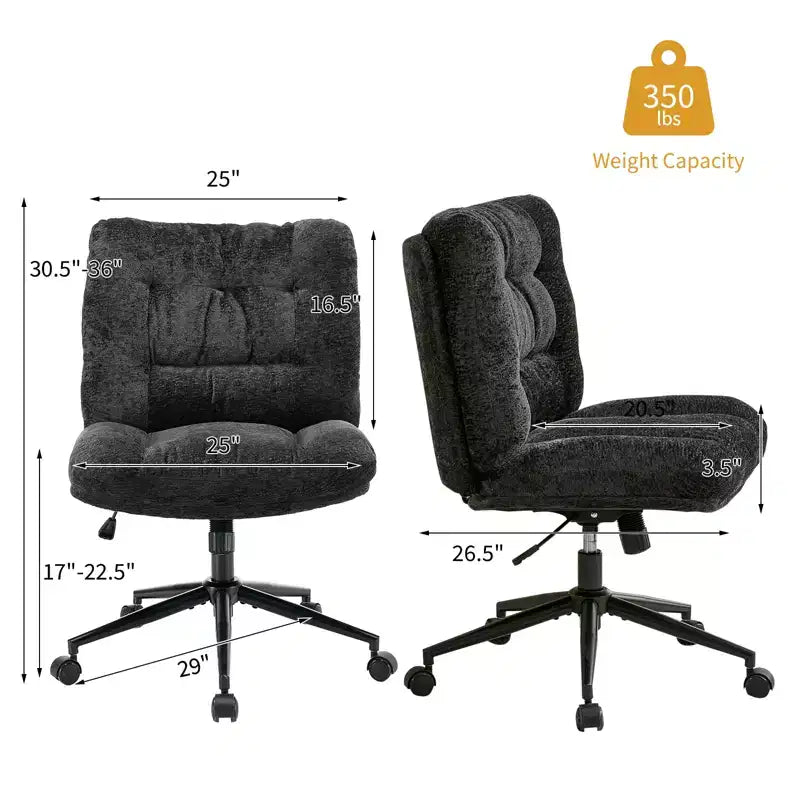 Chaise en chenille à pieds croisés avec roulettes, chaise de vanité pivotante à 360° et réglable en hauteur avec double coussin, large siège ergonomique pour chambre à coucher, salon