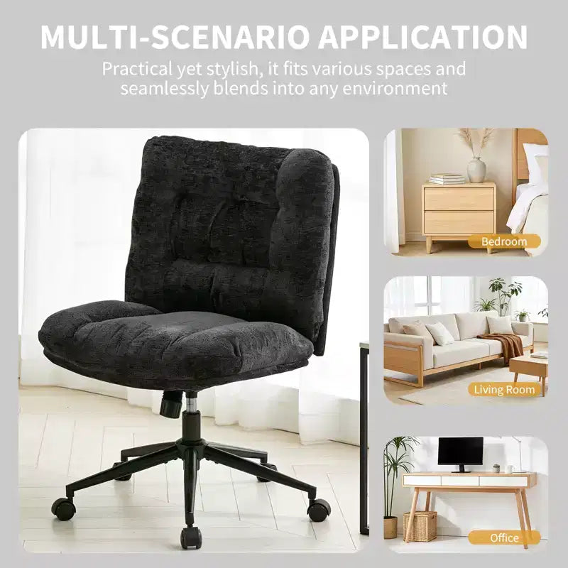 Chaise en chenille à pieds croisés avec roulettes, chaise de vanité pivotante à 360° et réglable en hauteur avec double coussin, large siège ergonomique pour chambre à coucher, salon