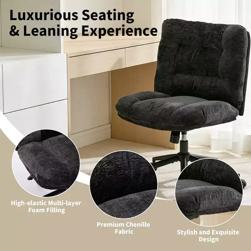 Chaise en chenille à pieds croisés avec roulettes, chaise de vanité pivotante à 360° et réglable en hauteur avec double coussin, large siège ergonomique pour chambre à coucher, salon