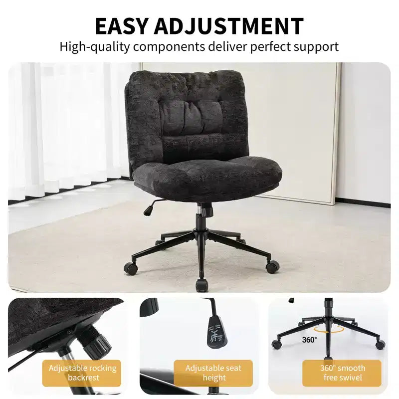 Chaise en chenille à pieds croisés avec roulettes, chaise de vanité pivotante à 360° et réglable en hauteur avec double coussin, large siège ergonomique pour chambre à coucher, salon