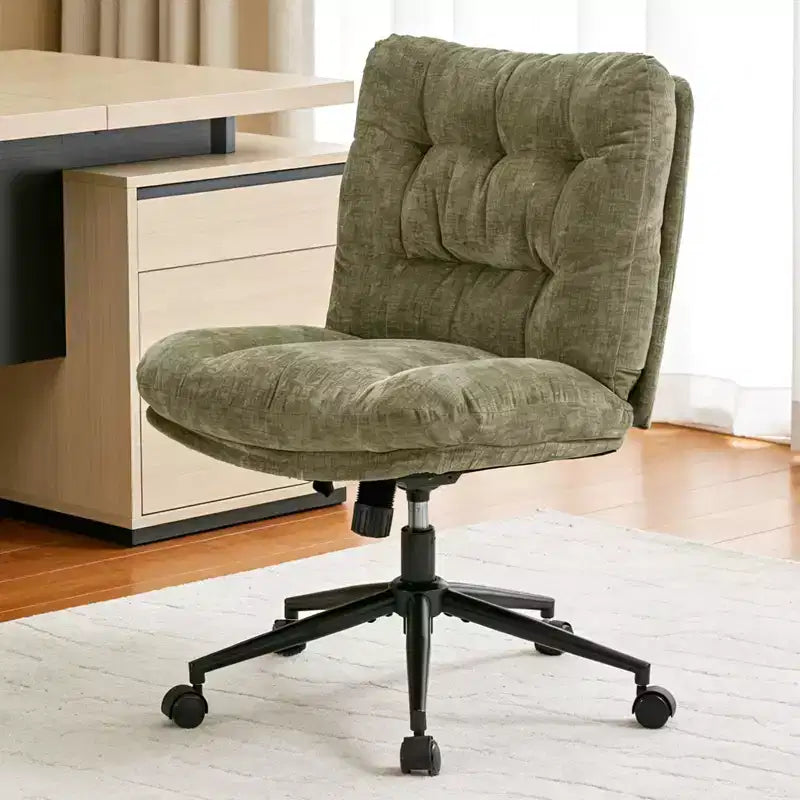 Chaise en chenille à pieds croisés avec roulettes, chaise de vanité pivotante à 360° et réglable en hauteur avec double coussin, large siège ergonomique pour chambre à coucher, salon