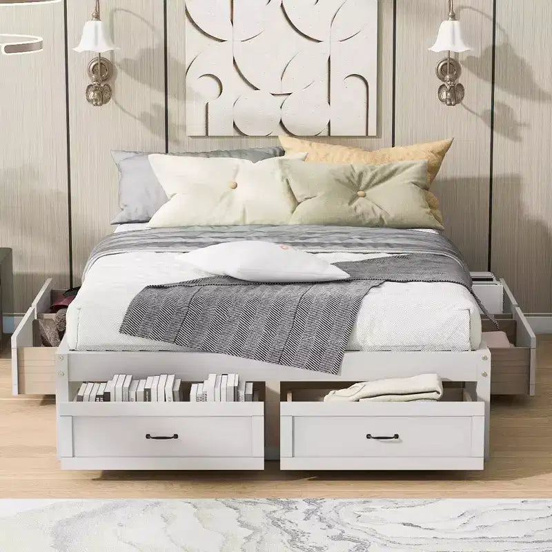 FAMYYT Queen Size Wood Platform Bed With 6 Storage Drawers, Easy Assembly