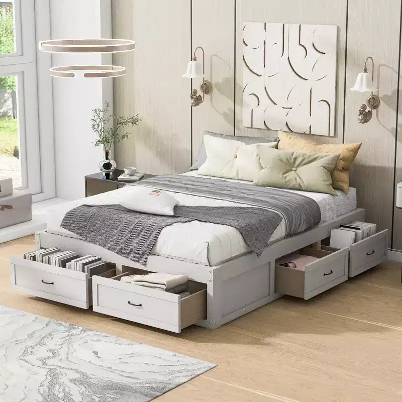 Lit plateforme queen size en bois avec 6 tiroirs de rangement, montage facile
