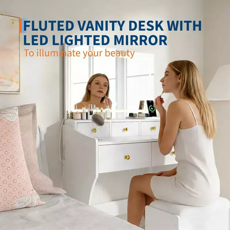 Coiffeuse 31,5 pouces avec miroir lumineux et tabouret - Comprend 3 modes d'éclairage, une prise de courant et un support pour sèche-cheveux