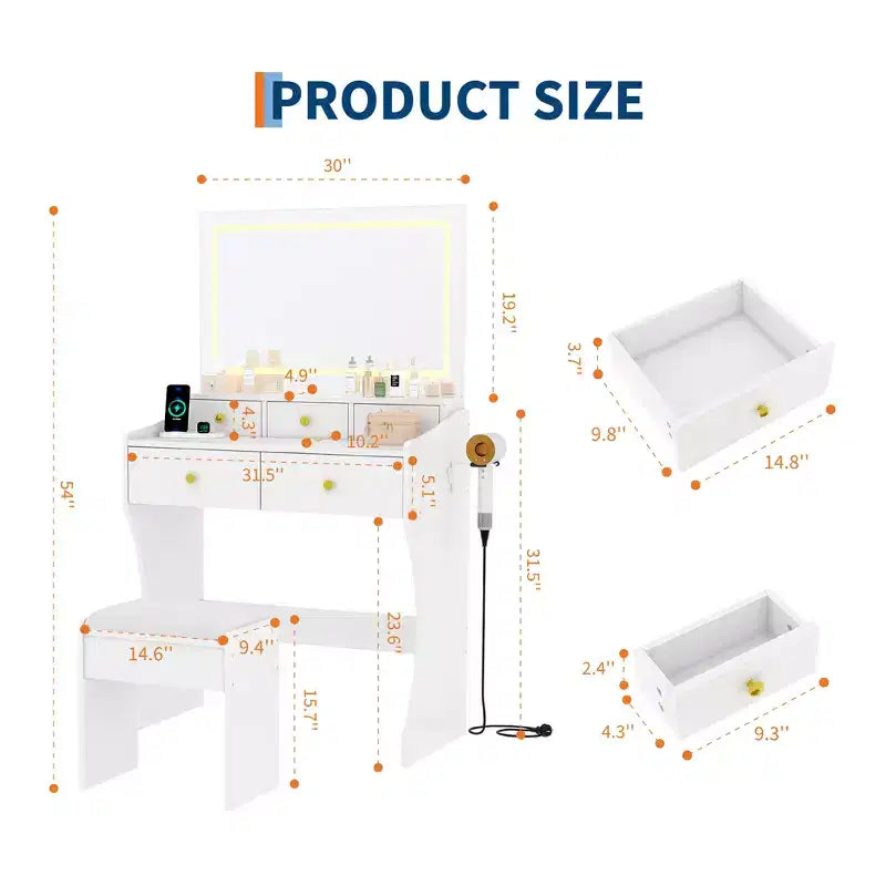 Coiffeuse 31,5 pouces avec miroir lumineux et tabouret - Comprend 3 modes d'éclairage, une prise de courant et un support pour sèche-cheveux