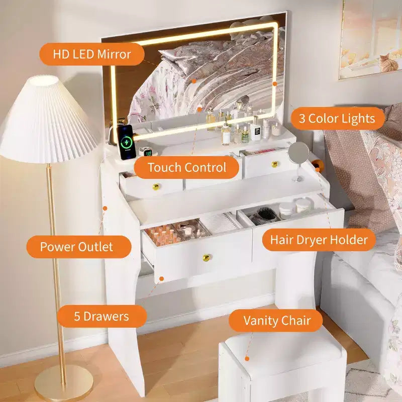 Coiffeuse 31,5 pouces avec miroir lumineux et tabouret - Comprend 3 modes d'éclairage, une prise de courant et un support pour sèche-cheveux