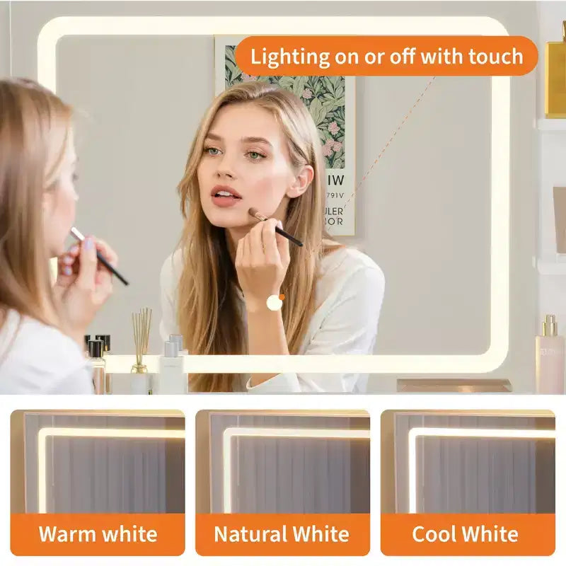 Coiffeuse 31,5 pouces avec miroir lumineux et tabouret - Comprend 3 modes d'éclairage, une prise de courant et un support pour sèche-cheveux