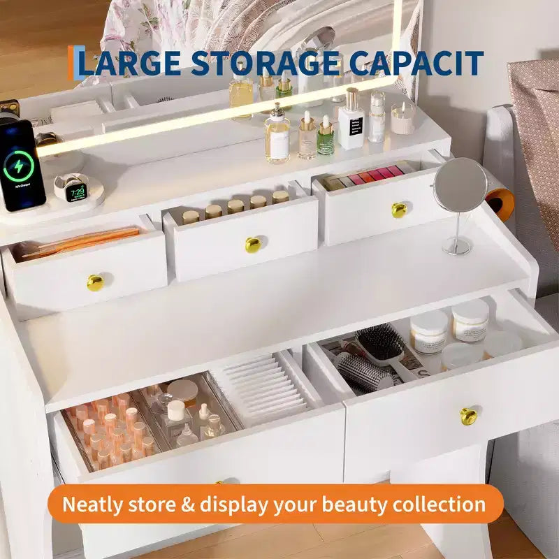 Coiffeuse 31,5 pouces avec miroir lumineux et tabouret - Comprend 3 modes d'éclairage, une prise de courant et un support pour sèche-cheveux