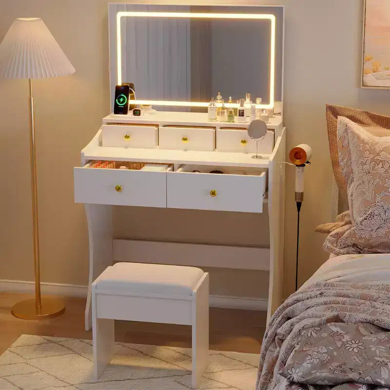 Coiffeuse 31,5 pouces avec miroir lumineux et tabouret - Comprend 3 modes d'éclairage, une prise de courant et un support pour sèche-cheveux