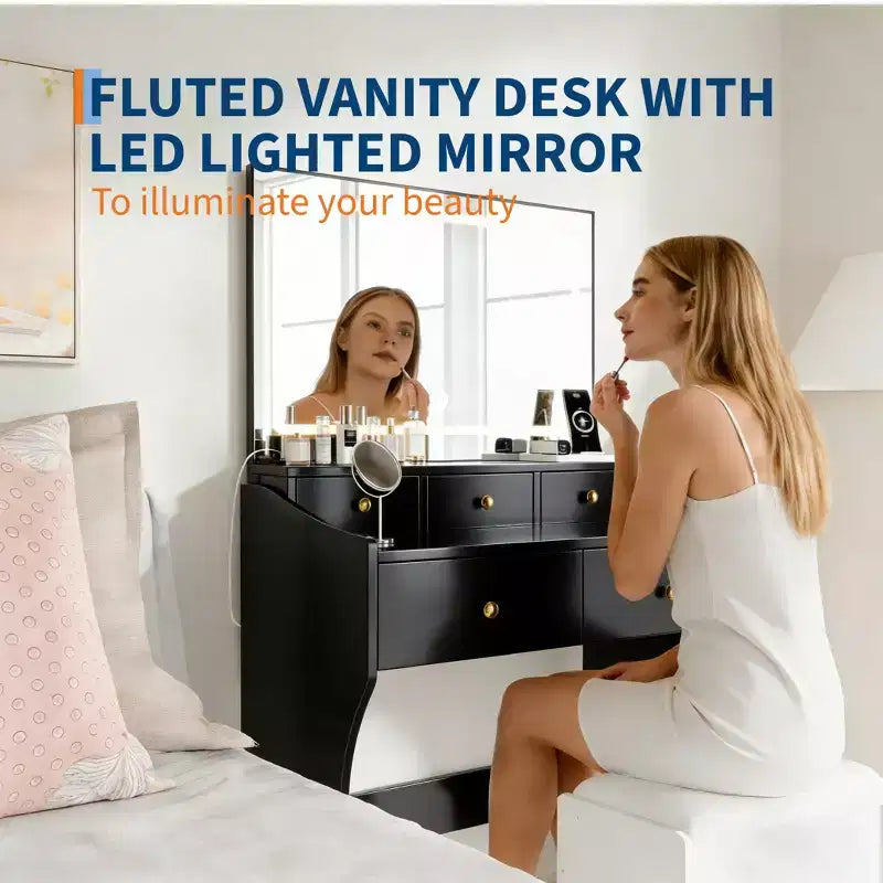 Coiffeuse 31,5 pouces avec miroir lumineux et tabouret - Comprend 3 modes d'éclairage, une prise de courant et un support pour sèche-cheveux