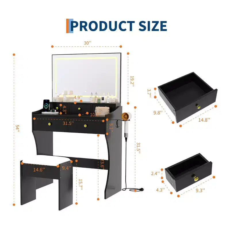 Coiffeuse 31,5 pouces avec miroir lumineux et tabouret - Comprend 3 modes d'éclairage, une prise de courant et un support pour sèche-cheveux