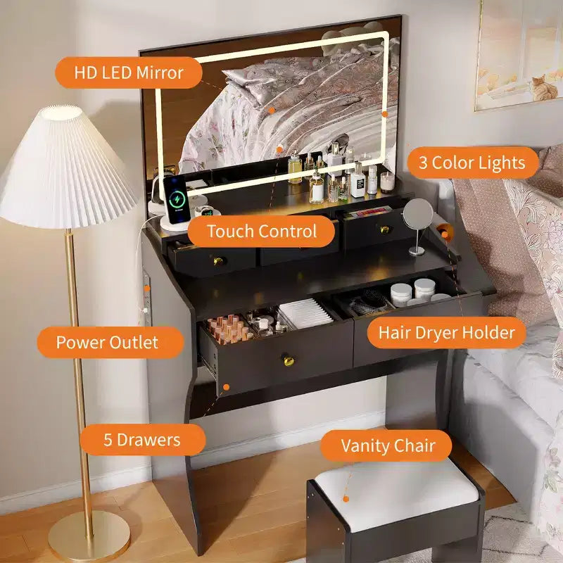 Coiffeuse 31,5 pouces avec miroir lumineux et tabouret - Comprend 3 modes d'éclairage, une prise de courant et un support pour sèche-cheveux