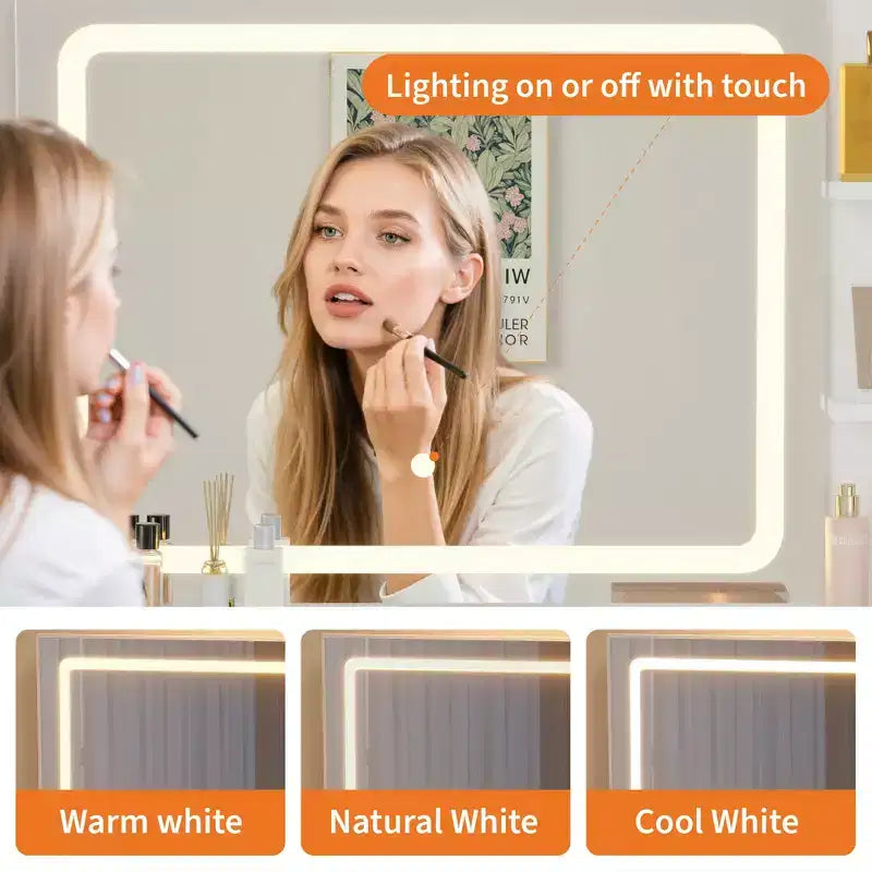 Coiffeuse 31,5 pouces avec miroir lumineux et tabouret - Comprend 3 modes d'éclairage, une prise de courant et un support pour sèche-cheveux