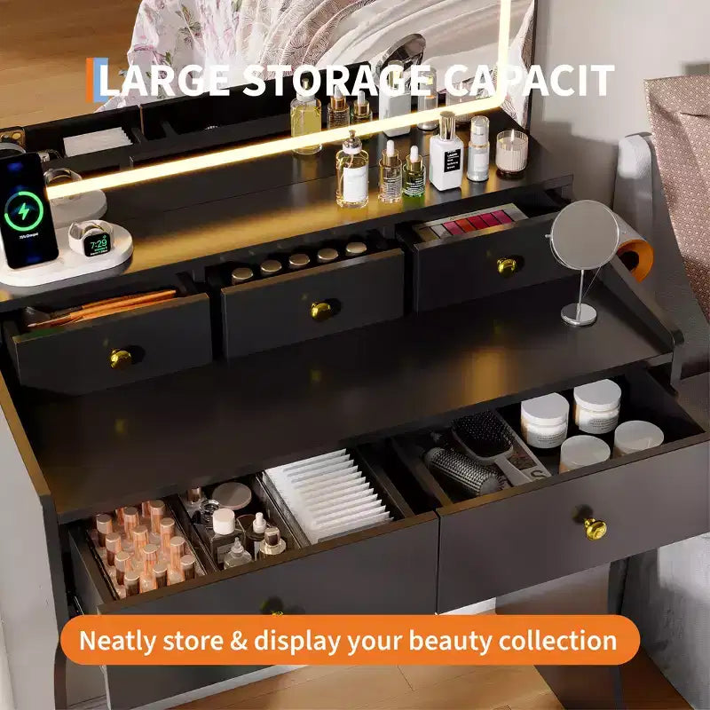 Coiffeuse 31,5 pouces avec miroir lumineux et tabouret - Comprend 3 modes d'éclairage, une prise de courant et un support pour sèche-cheveux