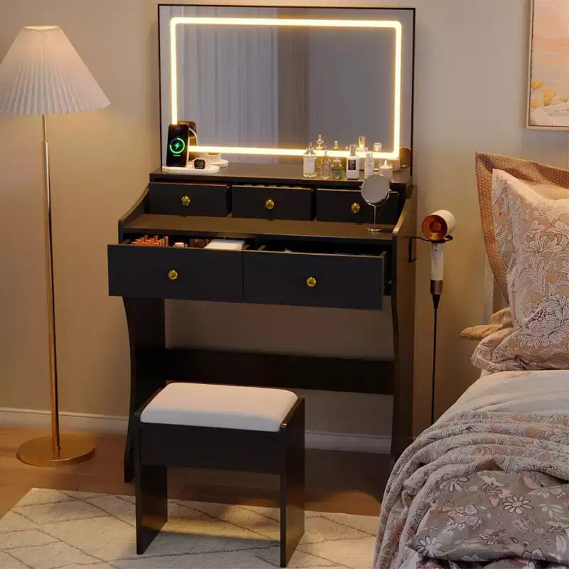 Coiffeuse 31,5 pouces avec miroir lumineux et tabouret - Comprend 3 modes d'éclairage, une prise de courant et un support pour sèche-cheveux